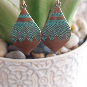 Turquoise Copper Color Tribal Design Dangle Drop Oval Shaped Boho Earrings